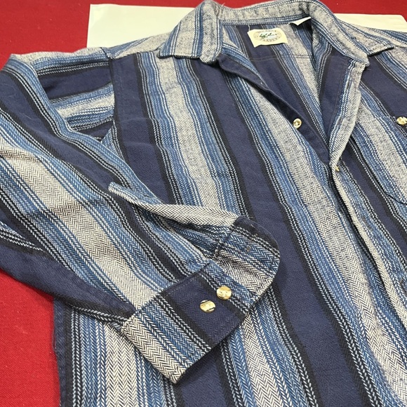 XL Bay Area Traders BLUE HERRINGBONE STRIPED Flannel Shirt buttons HEAVY RUGGED - Picture 3 of 12